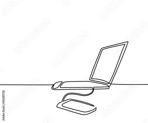 Continuous line drawing. Laptop computer with phone transfer data. Vector illustration