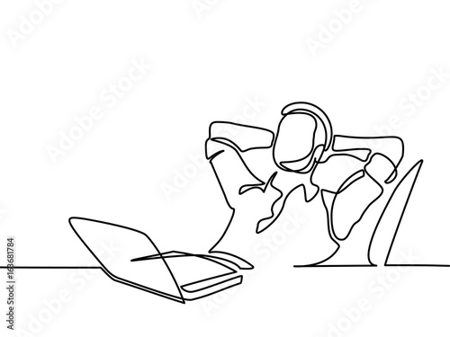 Continuous line drawing. Businessman thinking and dreaming with his laptop on white background. Vector illustration