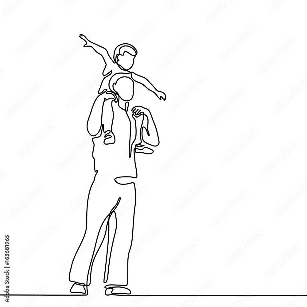 Continuous line drawing vector illustration. Father with son on shoulders silhouette.