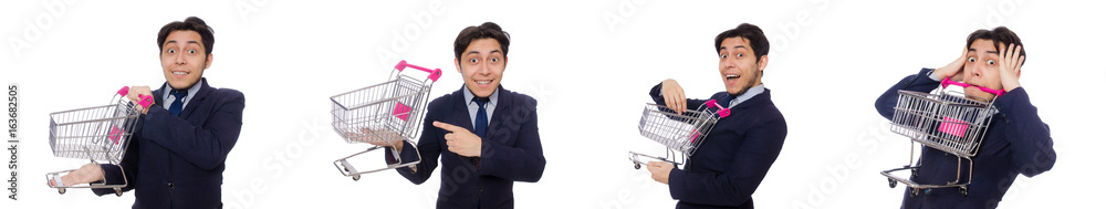 Funny man with shopping cart isolated on white Funny man with shopping cart isolated on white