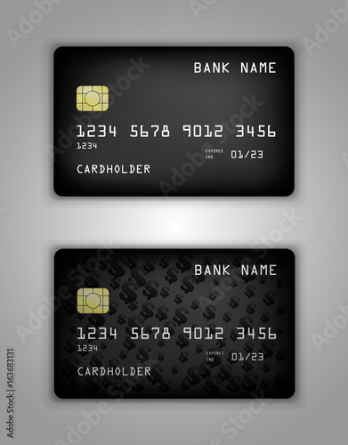 Vector set Realistic credit bank card mockup. Black gradient pattern.