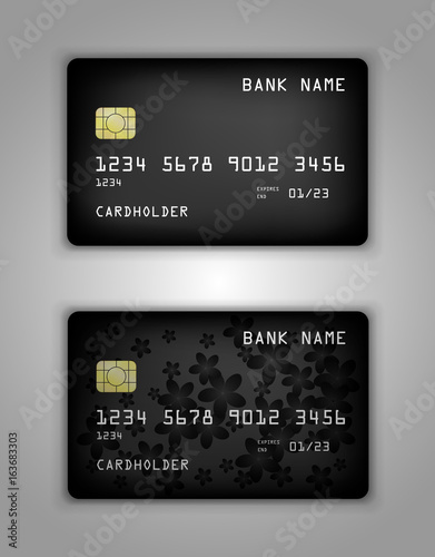 Vector set Realistic credit bank card mockup. Black gradient pattern.