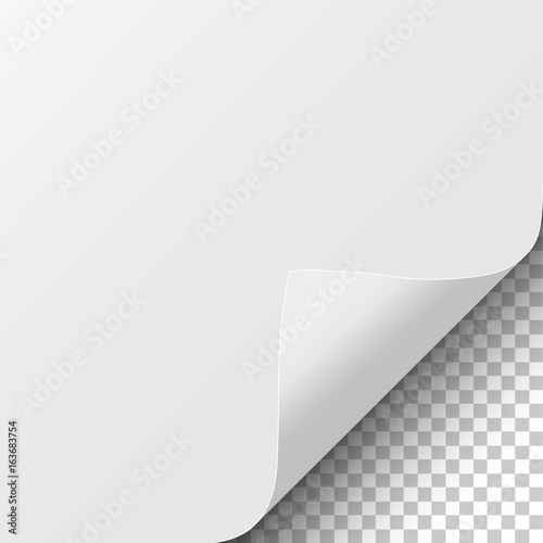 Sheet of white paper with curled corner and soft shadow. Element for ad. Vector illustration.