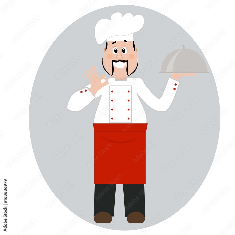 A professional chef. Cook with a dish isolated on a white background. Vector illustration. Cartoon character.