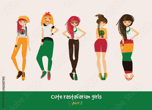 Vector set with isolated rasta girls. Rastafarian clothes in bright colors, ethnic accessories, various hairstyle and posing. Smiling characters with dreadlocks.
