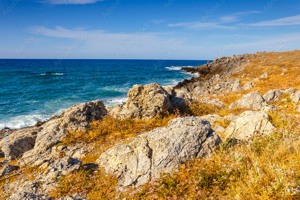 Beautiful greek seascape at sunny day, Malia, Crete