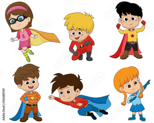 Set of kids wearing superhero costumes with different pose.vector and illustration.