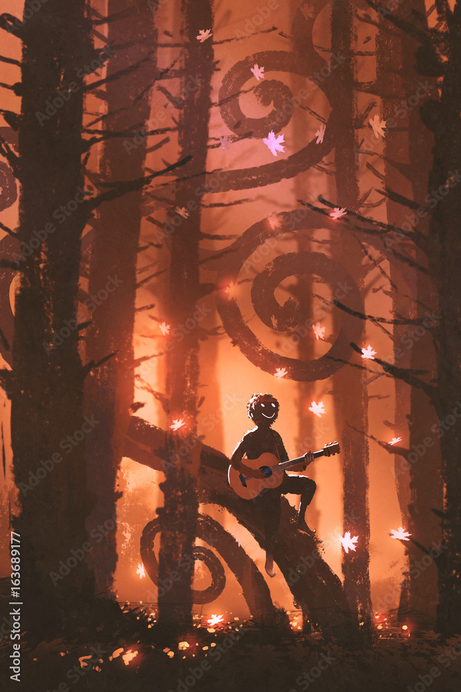 Obraz premium young man playing guitar in fantasy autumn forest with falling maple leaves, digital art style, illustration painting