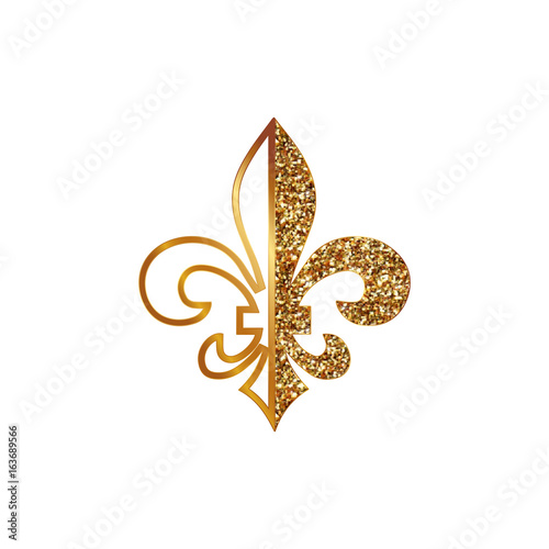Fleur de lis symbols, golden glittering - heraldic symbols. Vector Illustration. Medieval signs. Glowing french fleur de lis royal lily. Elegant decoration symbols.