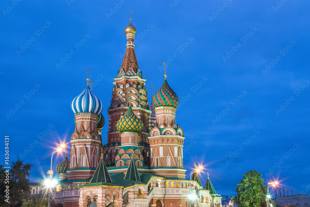 Blue hour sunset view of St. Basil Cathedral in Moscow Red Square. World famous Russian Moscow landmark. Tourism and travel concept