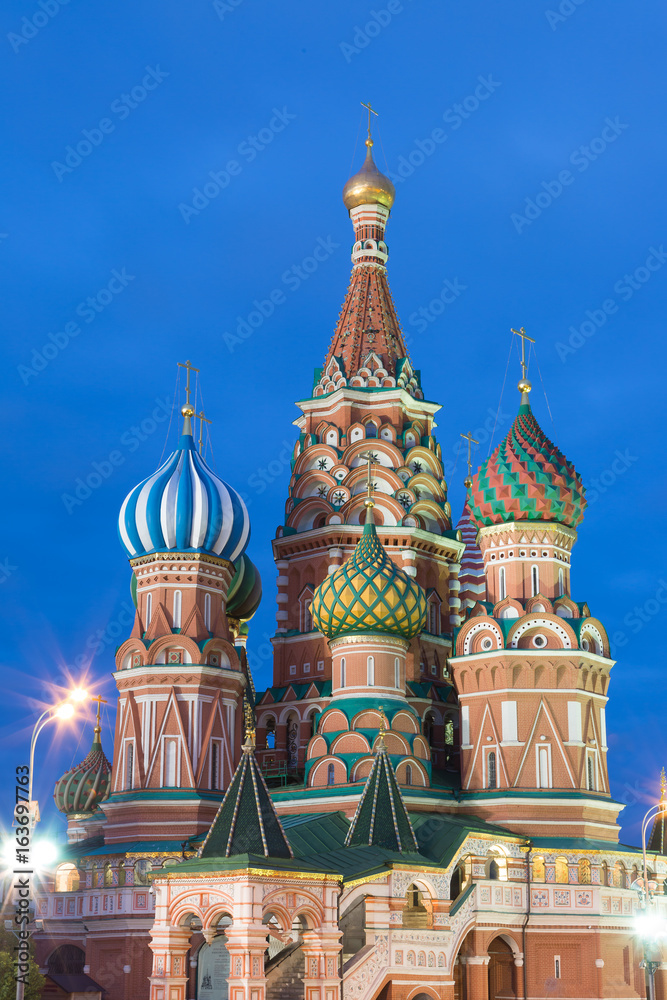 Blue hour sunset view of St. Basil Cathedral in Moscow Red Square. World famous Russian Moscow landmark. Tourism and travel concept
