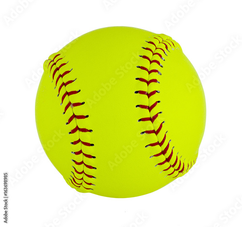 Softball isolated on white background. Details of the skin and the seams are noticeable. Clipping path is included
