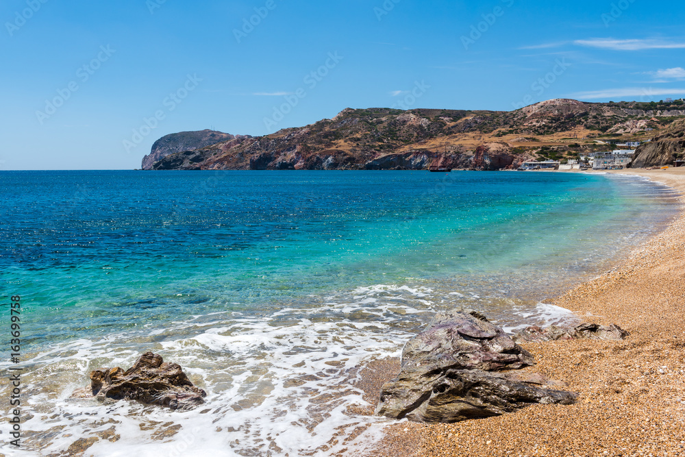 Beautiful beach of Paleochori with crystal clear waters in the south of Milos. Cyclades Islands, Greece