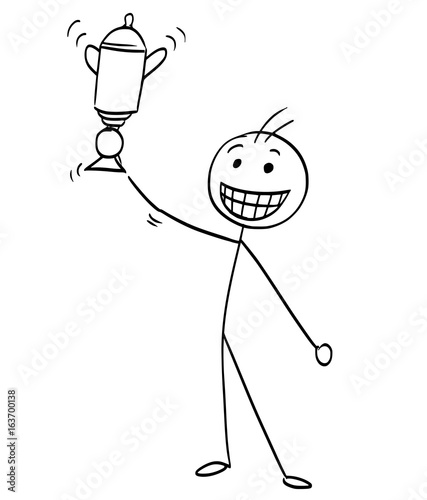 Vector Stick Man Cartoon of Happy Man Holding a Trophy Winning Cup