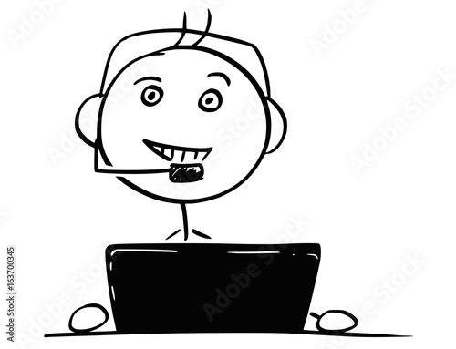 Vector Stick Man Cartoon of Male Customer Support Service Representative Call Center