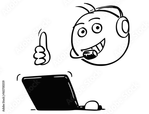 Vector Stick Man Cartoon of Male Customer Support Service Representative Call Center Thumb Up