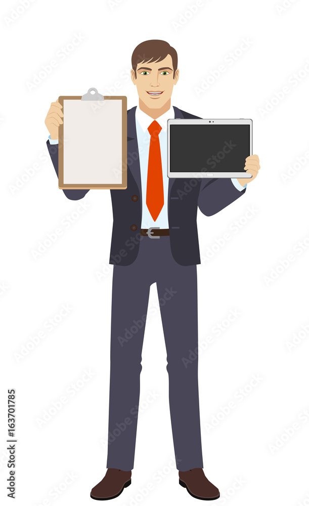 Businessman holding the clipboard and digital tablet PC Businessman holding the clipboard and digital tablet PC