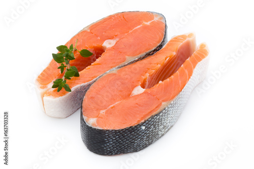 salmon steak close-up isolated on white background