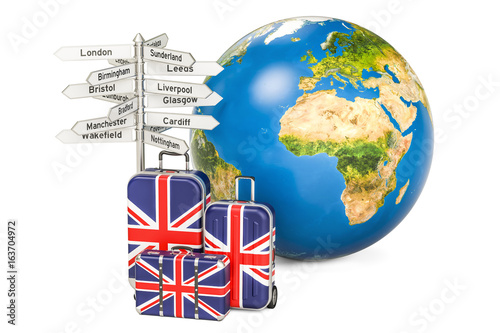 United Kingdom travel concept. Suitcases with British flag, signpost and Earth globe. 3D rendering