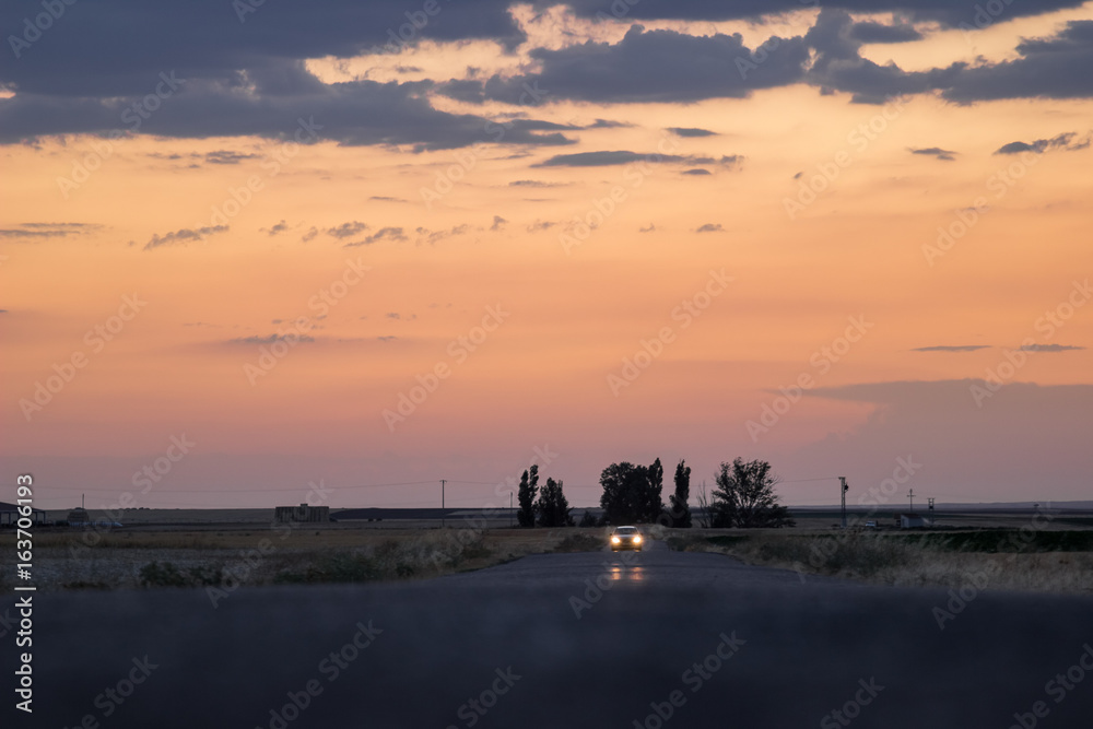 Far car lights and poplar grove in the background of a long rural road in the countryside in Castilla y León, Spain