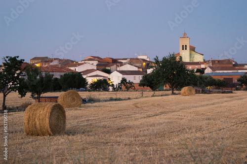 Crops field in spanish village, Horcajo de las Torres, with grain packs in summer photo