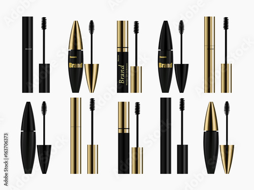 Cosmetics, mascara, different types, gold, black on a white background isolates. realistic vector 3D