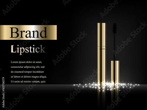 Gold mascara on dark background with bright flare and rays with reflection, vector realistic 3D, advertising, poster, banner, design, products