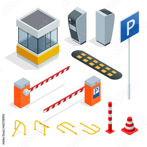 Isometric Parking isometric elements set . Icons for parking cars. Fines and elements of parking. Parking zone icon in set collection