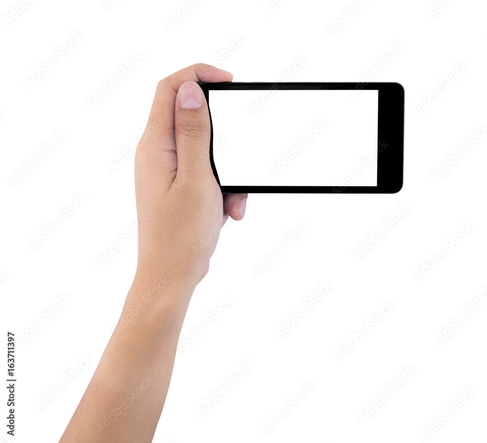 hand holding black phone isolated on white clipping path inside hand holding black phone isolated on white clipping path inside
