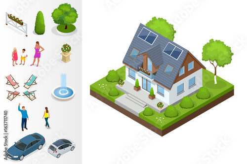A compact eco house, with solar panels on roof, with an attic, a bay window in the day area and a study on the first floor. Isometric private house vector illustration.