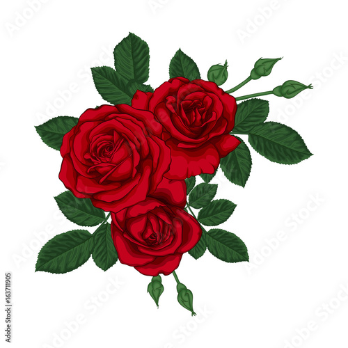 beautiful bouquet with red roses and leaves. Floral arrangement.