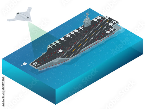 Isometric Long Range Strike-Bomber. Aircraft military mission isolated on background. Aircraft assigned to the nuclear-powered aircraft carrier CVN . Military sea transport.