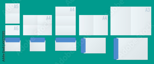 International Paper and Envelope Proportions vector mock up set. Includes A6, A5, A4, A3 dimensions. Realistic Style Isolated Branding Sample Elements Collection.
