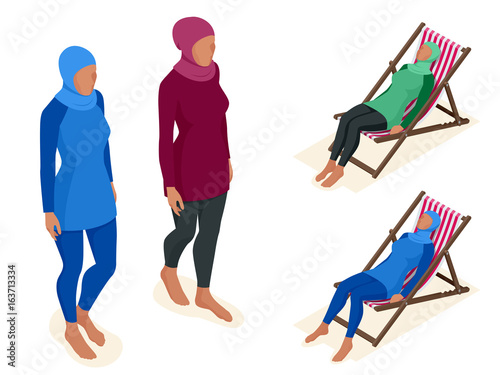 Muslim woman in swimsuit. Isometric Muslim, Islamic, traditional clothing on female. Vector illustration isolated on white.