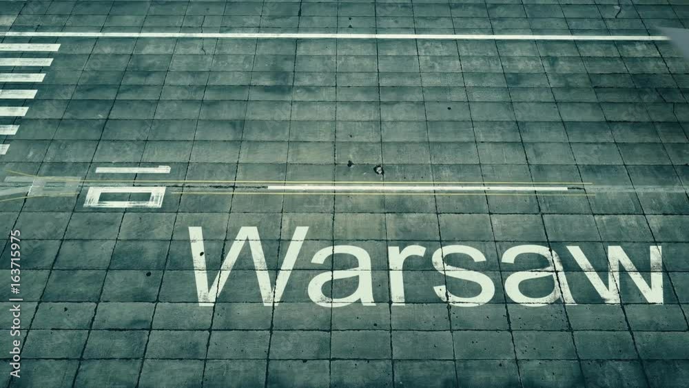 Aerial view of commercial plane landing at Warsaw airport. Travel to Poland conceptual 4K intro animation Aerial view of commercial plane landing at Warsaw airport. Travel to Poland conceptual 4K intro animation