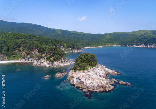 Beautiful panoramic view of Telyakovskiy Bay in Primorsky Krai, Vladivostok. Wild sea bays from the height of a bird's flight