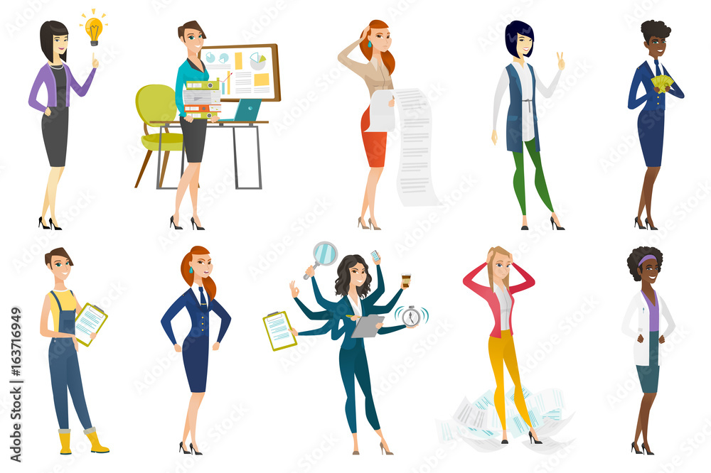 Business woman, stewardess, doctor profession set. Business woman, stewardess, doctor profession set.