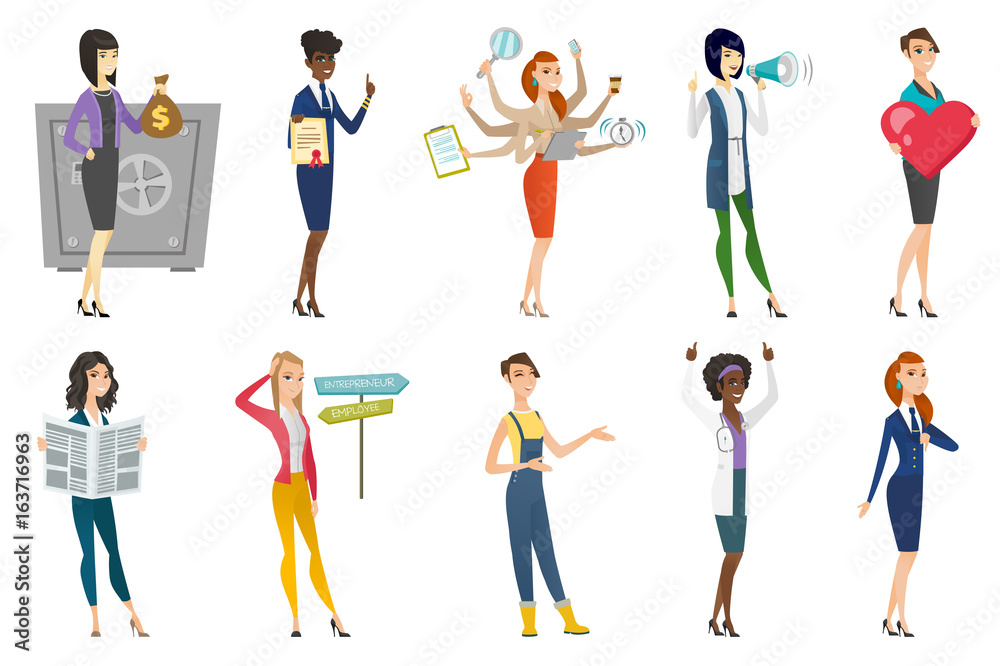 Business woman, stewardess, doctor profession set. Business woman, stewardess, doctor profession set.