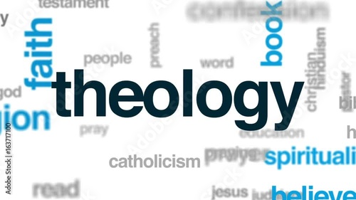 Theology animated word cloud, text design animation.