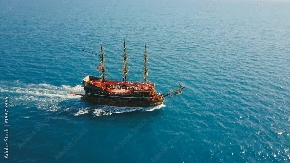 Aerial view of the party boat sailing ship at sea Aerial view of the party boat sailing ship at sea