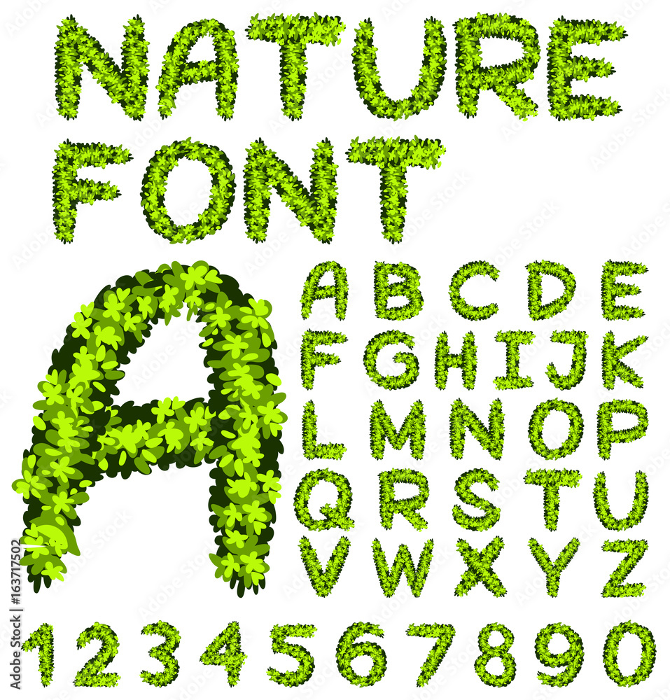 Font design for alphabets and numbers in green leaves Font design for alphabets and numbers in green leaves