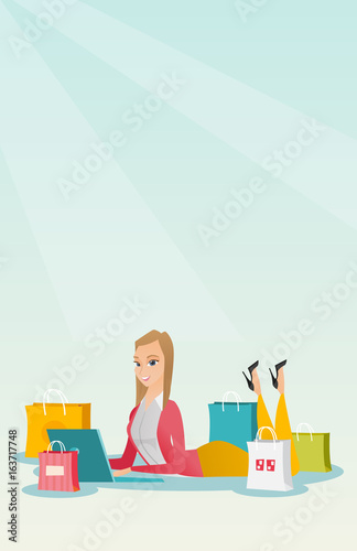 Young caucasian woman doing online shopping.