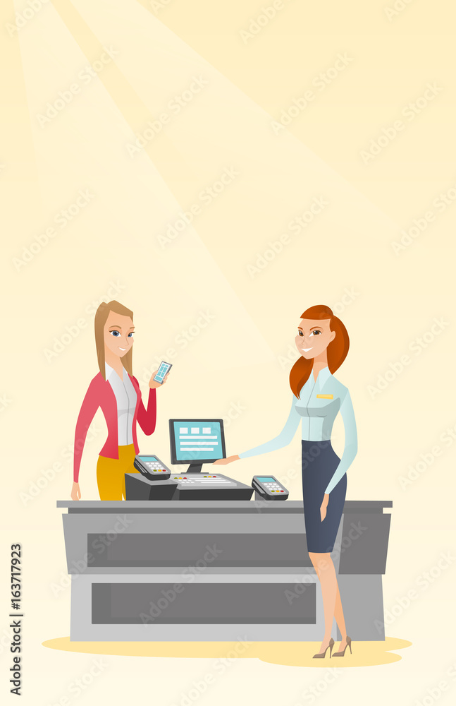 Woman paying wireless with a smartphone. Woman paying wireless with a smartphone.