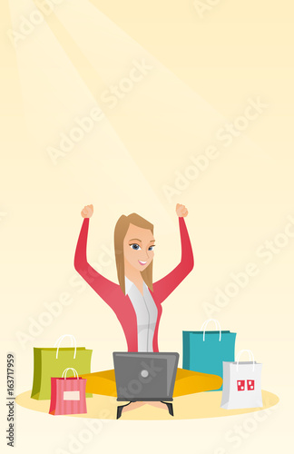 Caucasian woman using laptop for online shopping.