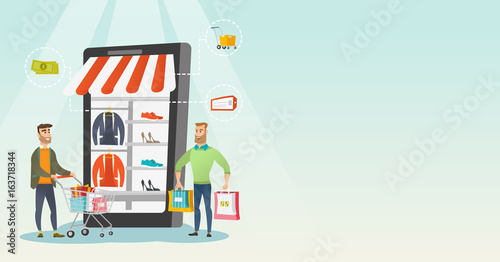 Men walking in store that looks like a tablet.