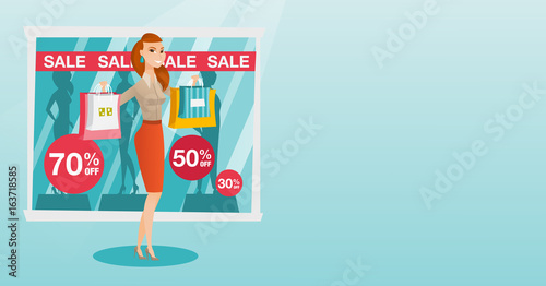 Young caucasian woman shopping on sale.
