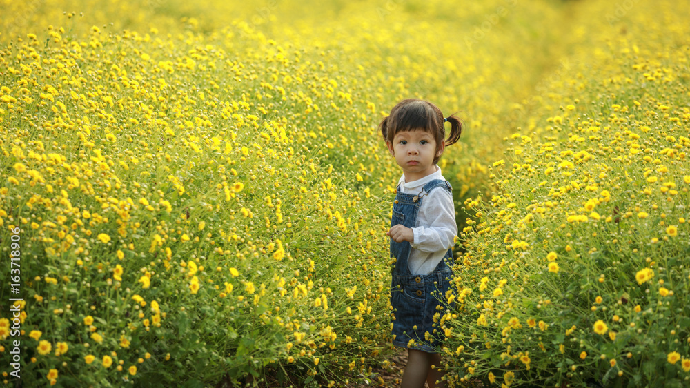 Cute little laughing girl or asian little girl walking in the field of yellow flowers in a sunny summer evening, at the sunset with copy Cute little laughing girl or asian little girl walking in the field of yellow flowers in a sunny summer evening, at the sunset with copy