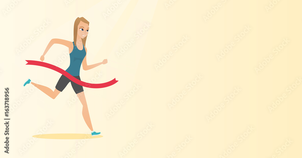 Young caucasian sportswoman crossing finish line. Young caucasian sportswoman crossing finish line.