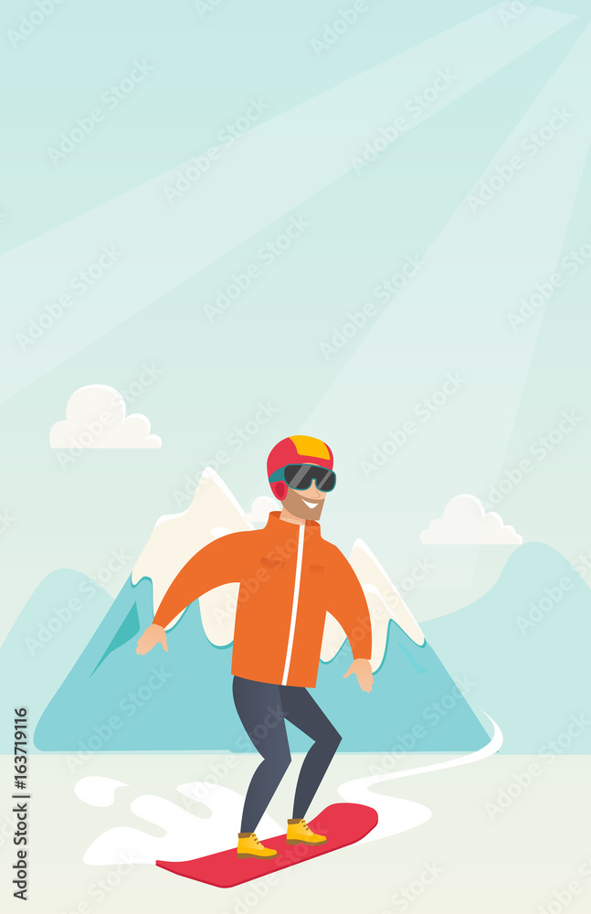 Fototapeta premium Young caucasian man snowboarding.