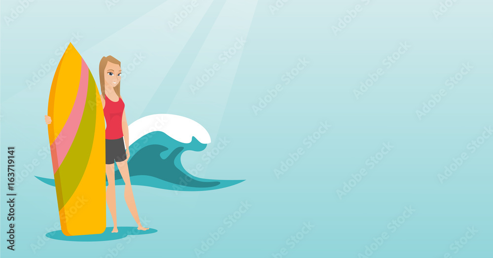 Young caucasian surfer holding a surfboard.